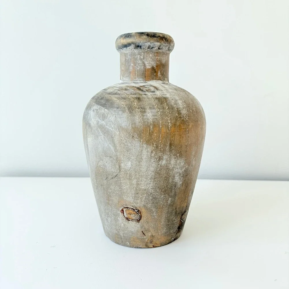 Vintage Hand Carved Whitewash Wooden Vase Rustic Farmhouse Decorative Vessel 7in